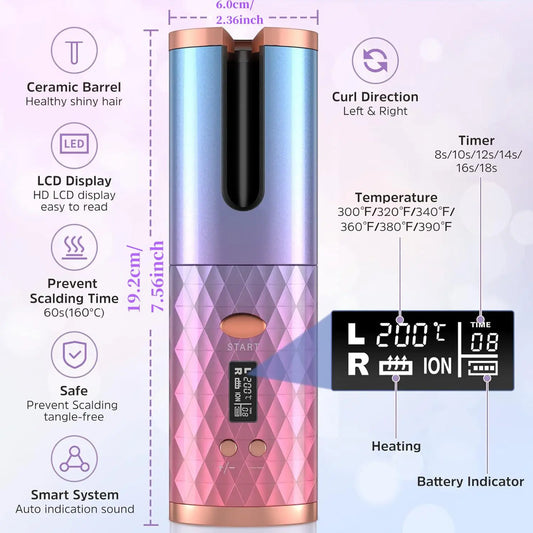 Automatic Cordless Hair Curler with LCD Display, Adjustable Timer and Temperature, 2-In-1 USB Rechargeable Portable Ceramic Curler, Fast Heating, Auto Rotating Curler, Automatic Curling Iron, Rechargeable Heated Curler