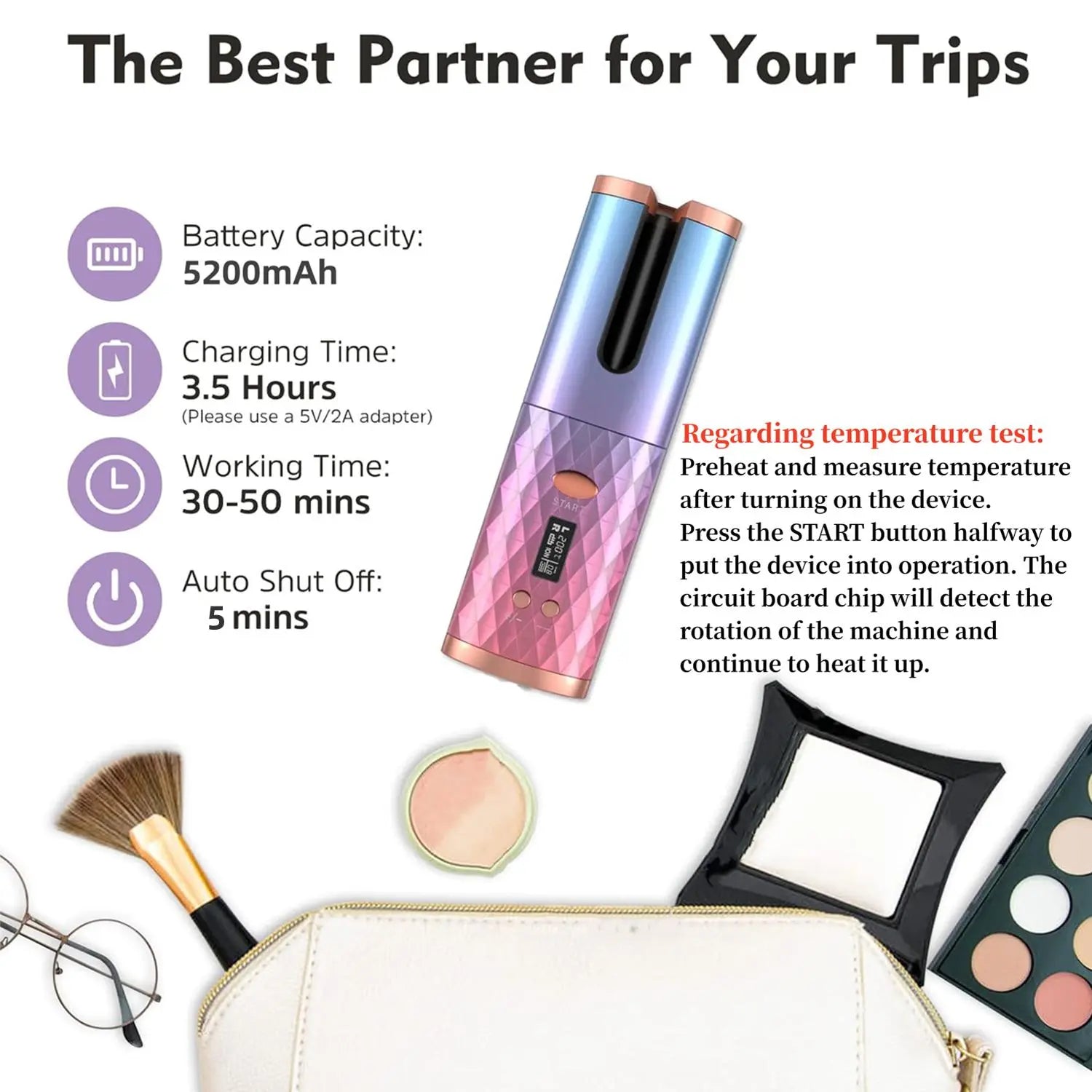 Automatic Cordless Hair Curler with LCD Display, Adjustable Timer and Temperature, 2-In-1 USB Rechargeable Portable Ceramic Curler, Fast Heating, Auto Rotating Curler, Automatic Curling Iron, Rechargeable Heated Curler